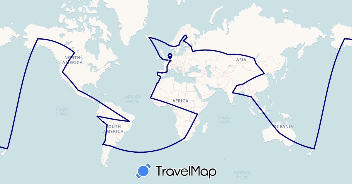 TravelMap itinerary: driving in Argentina, Australia, Belgium, Bolivia, Brazil, Canada, Chile, China, Spain, Finland, France, United Kingdom, Gibraltar, Indonesia, Ireland, India, Iceland, Morocco, Mongolia, Mexico, Norway, Nepal, New Zealand, Peru, Portugal, Russia, Sweden, Senegal, Thailand, Tanzania, United States, South Africa (Africa, Asia, Europe, North America, Oceania, South America)