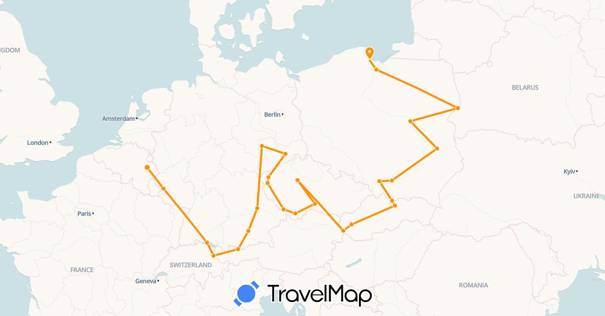 TravelMap itinerary: driving, hitchhiking in Belgium, Czech Republic, Germany, Liechtenstein, Poland, Slovakia (Europe)