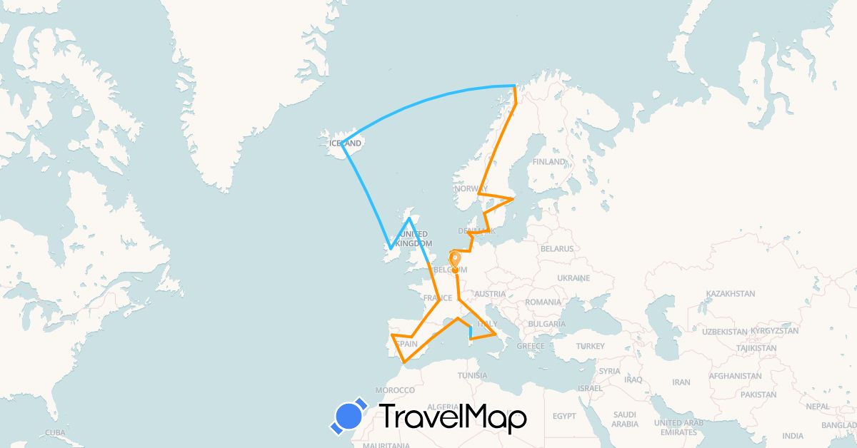 TravelMap itinerary: driving, boat, hitchhiking in Belgium, Germany, Denmark, Spain, France, United Kingdom, Gibraltar, Ireland, Iceland, Italy, Luxembourg, Netherlands, Norway, Portugal, Sweden (Europe)
