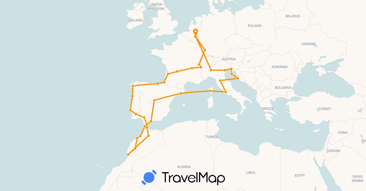 TravelMap itinerary: hitchhiking in Belgium, Spain, France, Gibraltar, Croatia, Italy, Morocco, Portugal (Africa, Europe)
